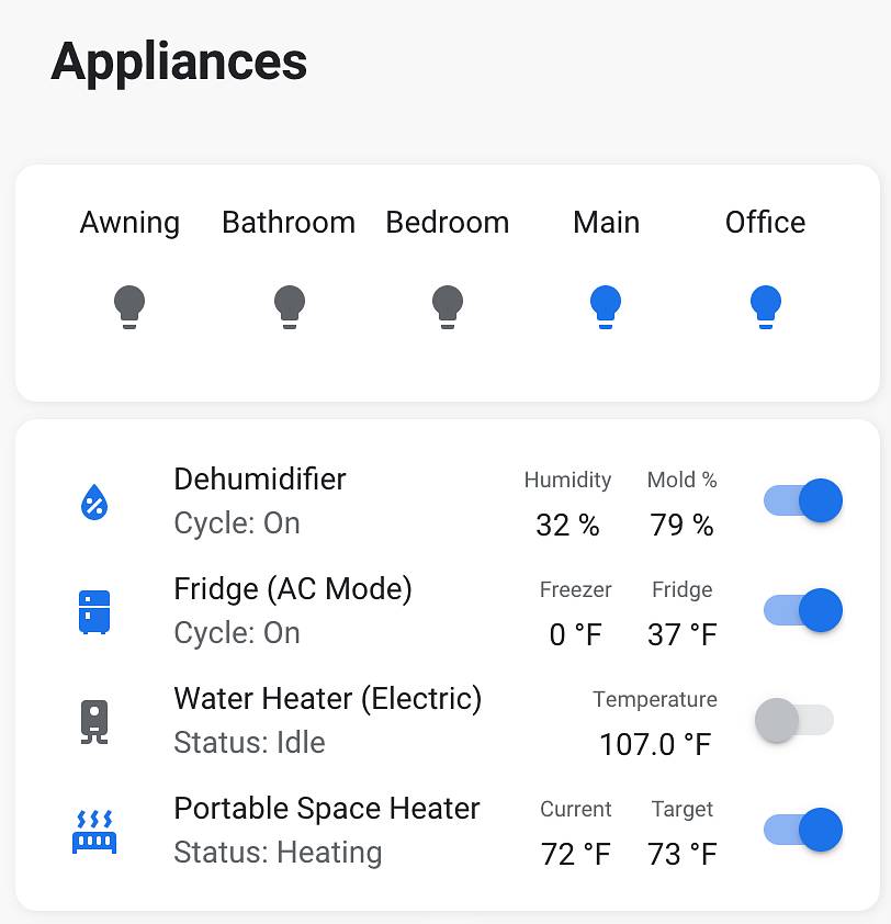 A card with plug socket toggle switch and power usage Frontend Home