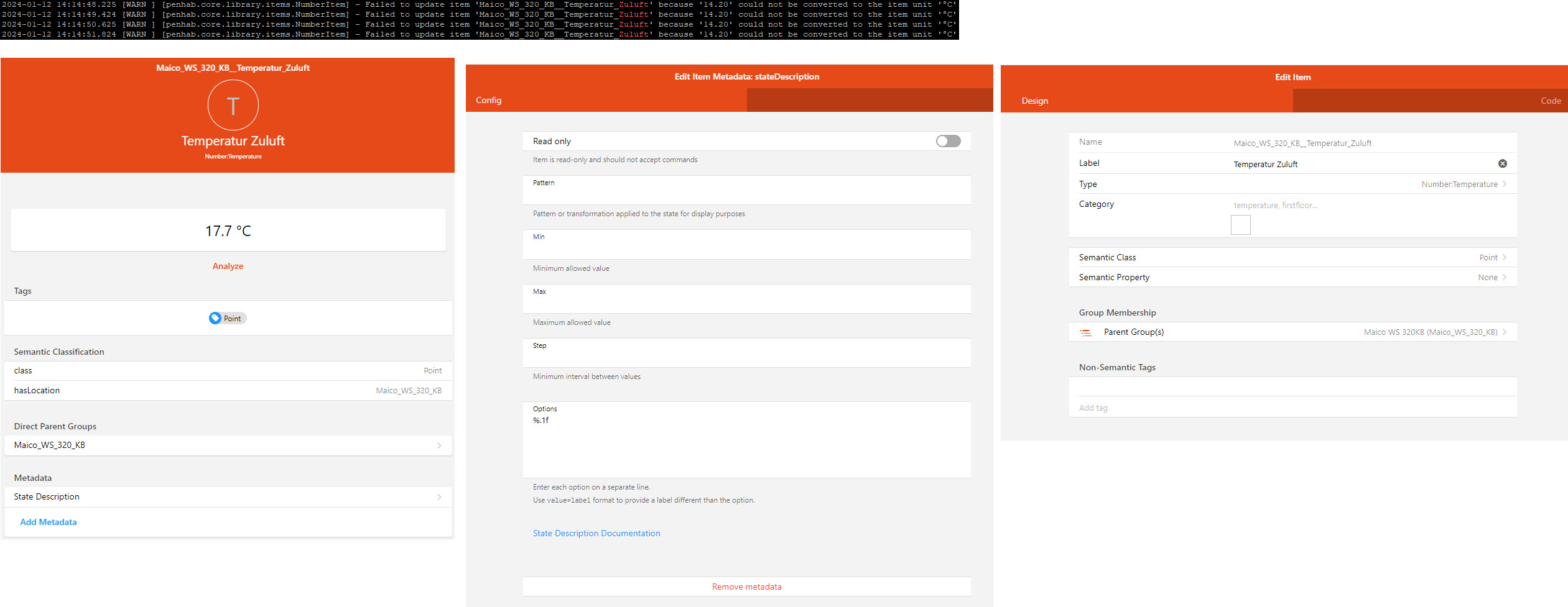 Failed to update item XX could not be converted to the item unit °C