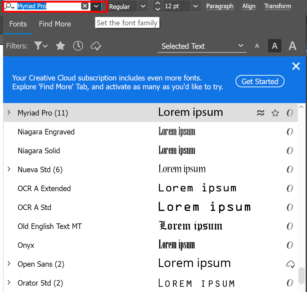 Unable to find installed font on Illustrator 2019