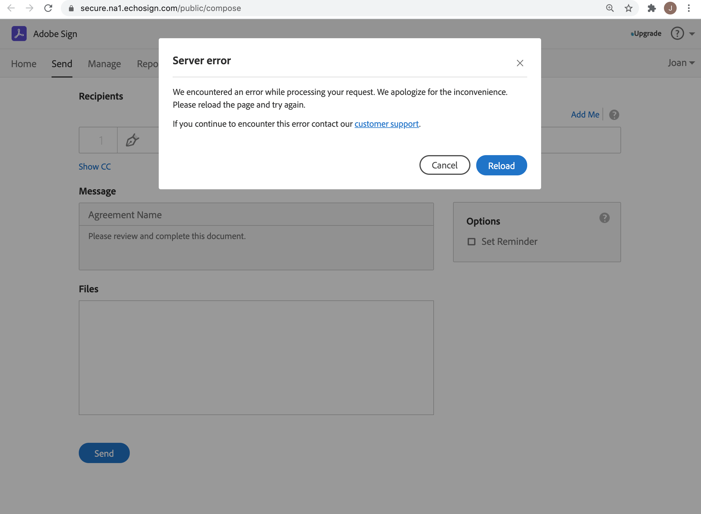 Getting server error, can't send docs Adobe Community 11395054
