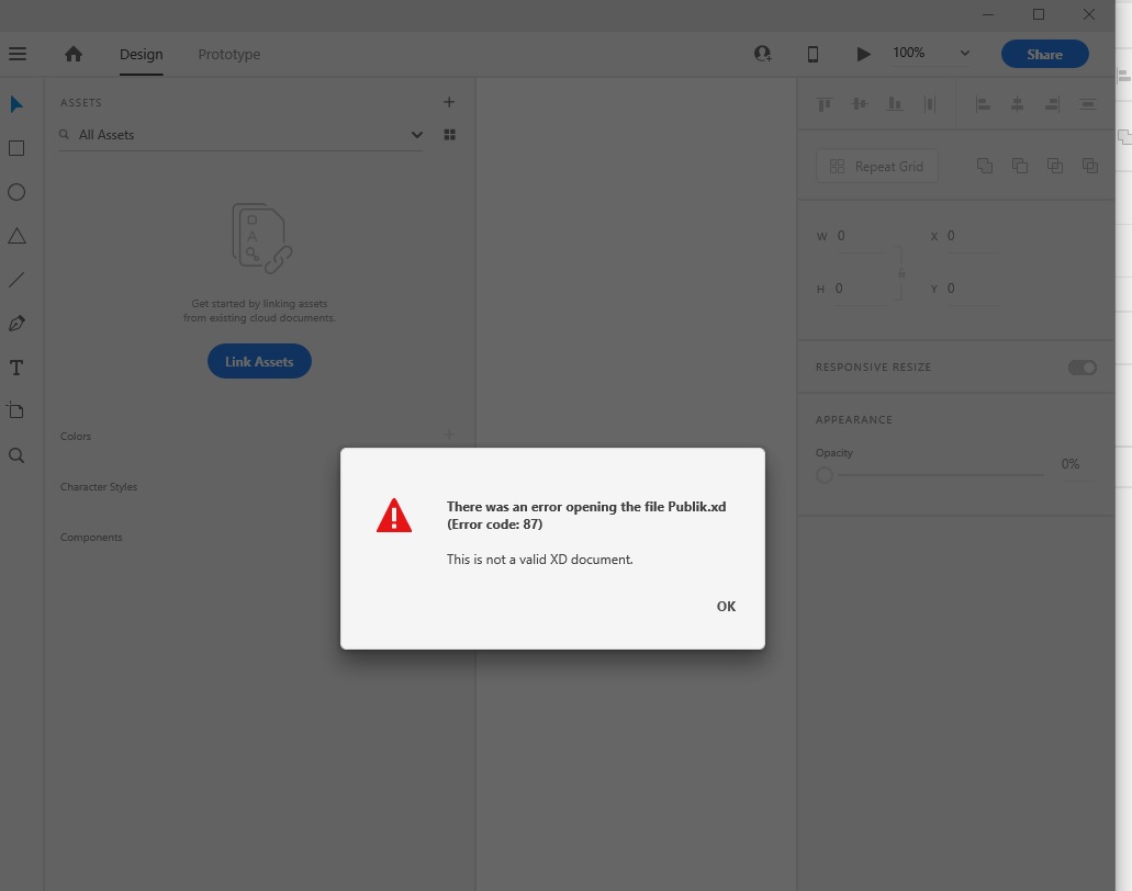 Solved Cannot open file"Error 87 this is not a valid XD d... Adobe
