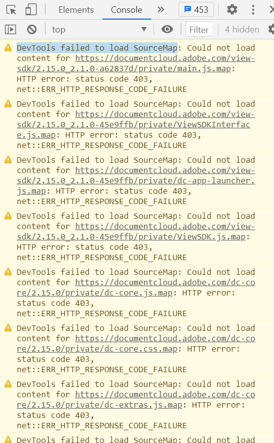 Status Code 403 for main.js.map and ViewSDKInterfa... Page 2 Adobe