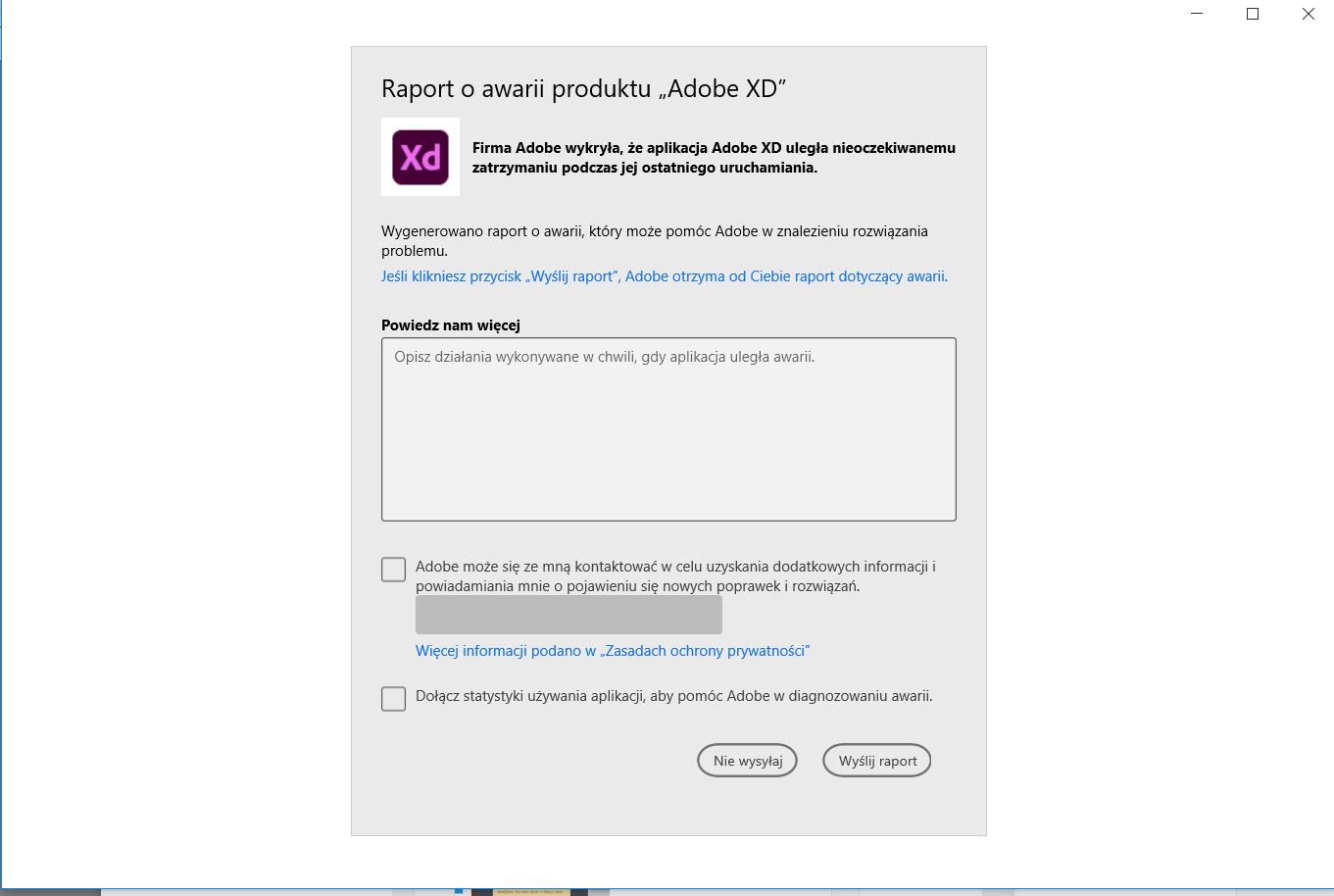 Unable to open Adobe XD, gives a crash report box Adobe Support