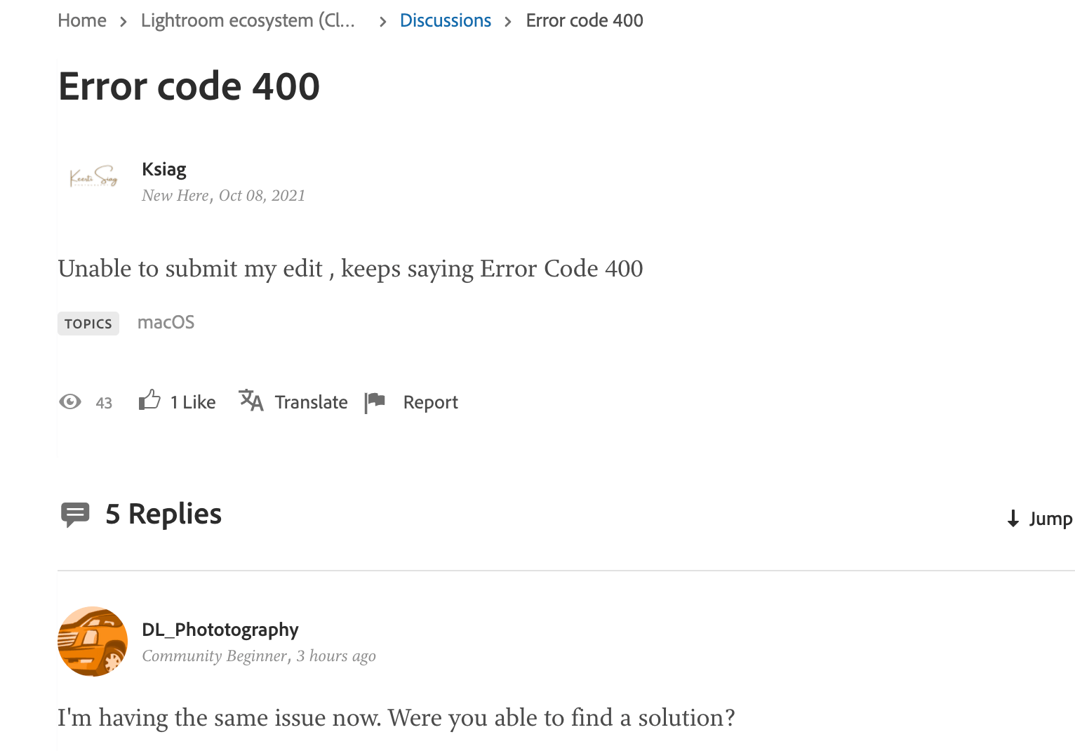 Error code 400 when attempting to post on Discover Adobe Community