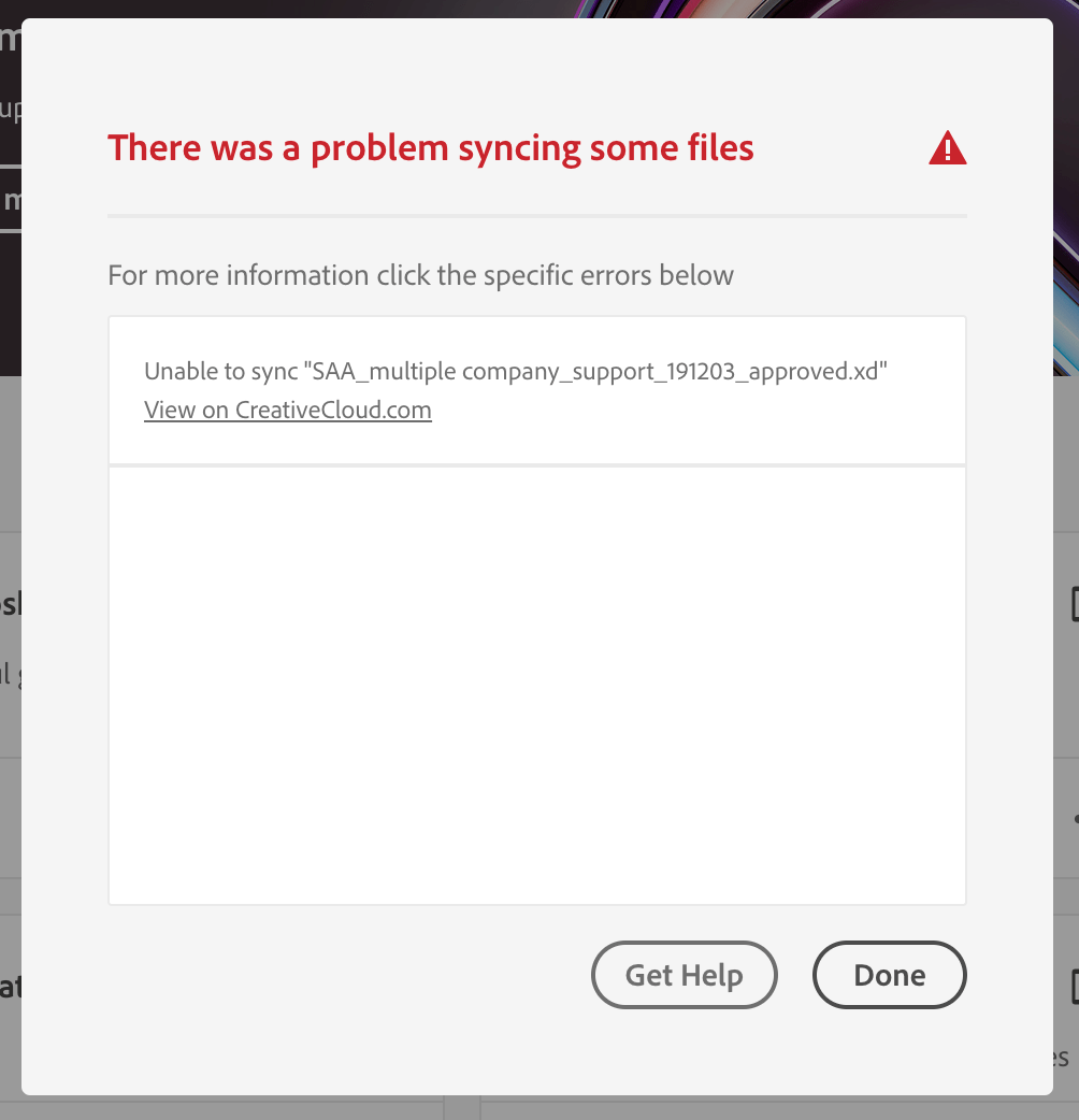 Unable to sync XD file with Creative Cloud. Adobe Community 10792053
