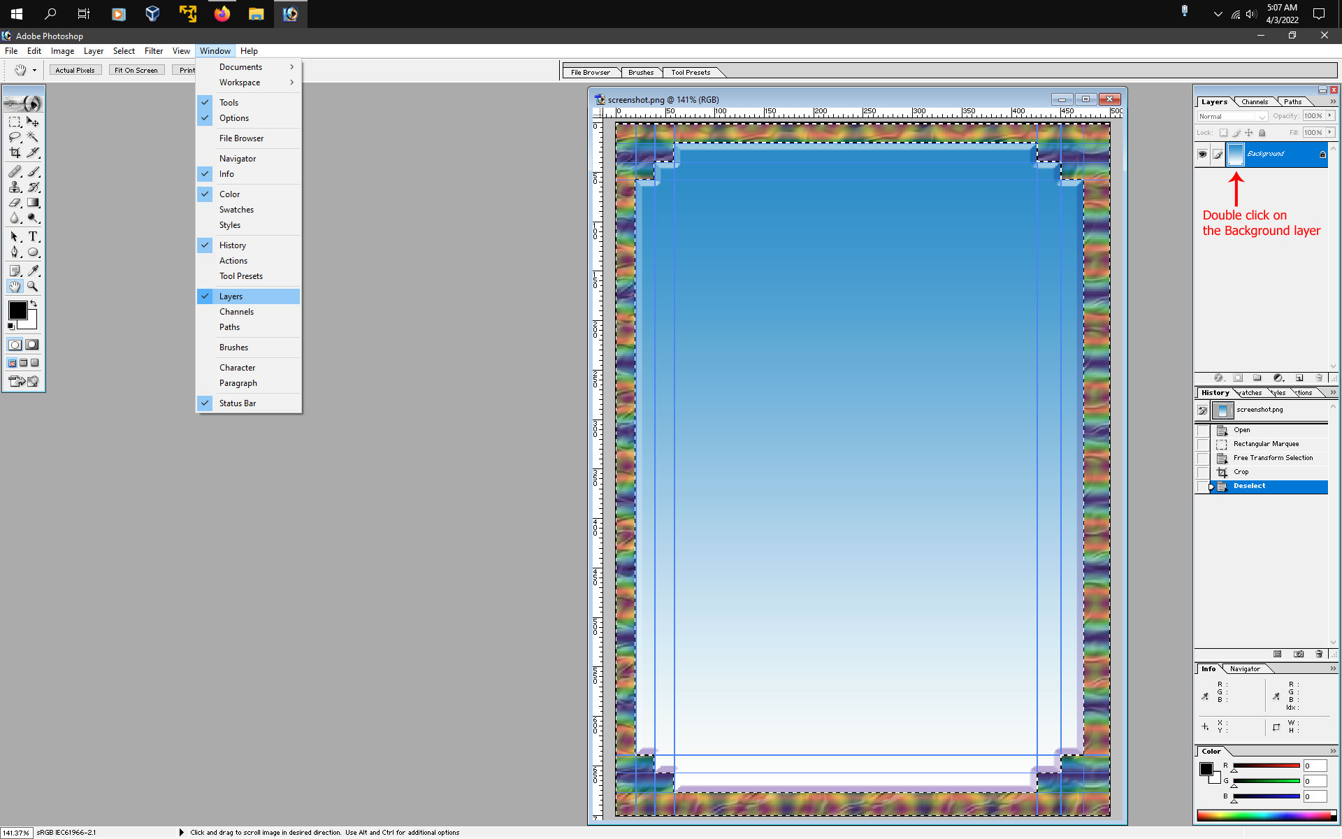 Solved trying to put a frame around a photo in photoshp 7... Adobe