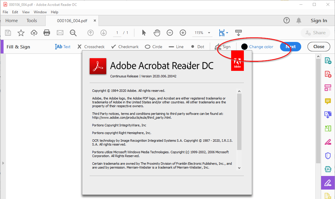 "Change Color" option missing from "Fill and Sign"... Adobe Support