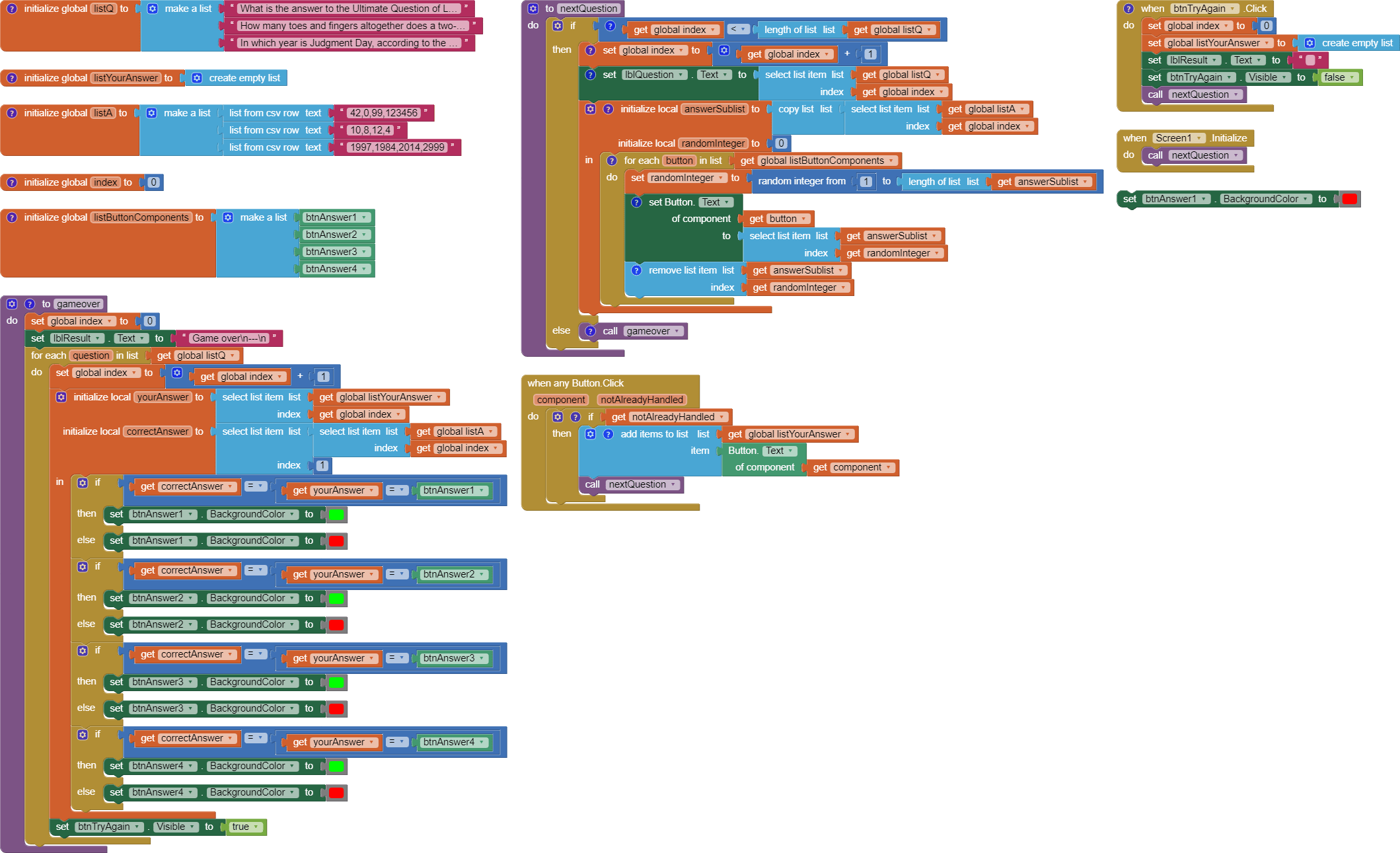 How do you calculate correct answers and wrong answers in a quiz app