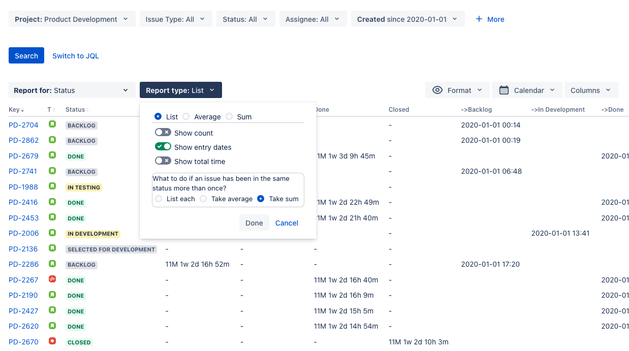 How to write a JQL to see the history (dates) of a...