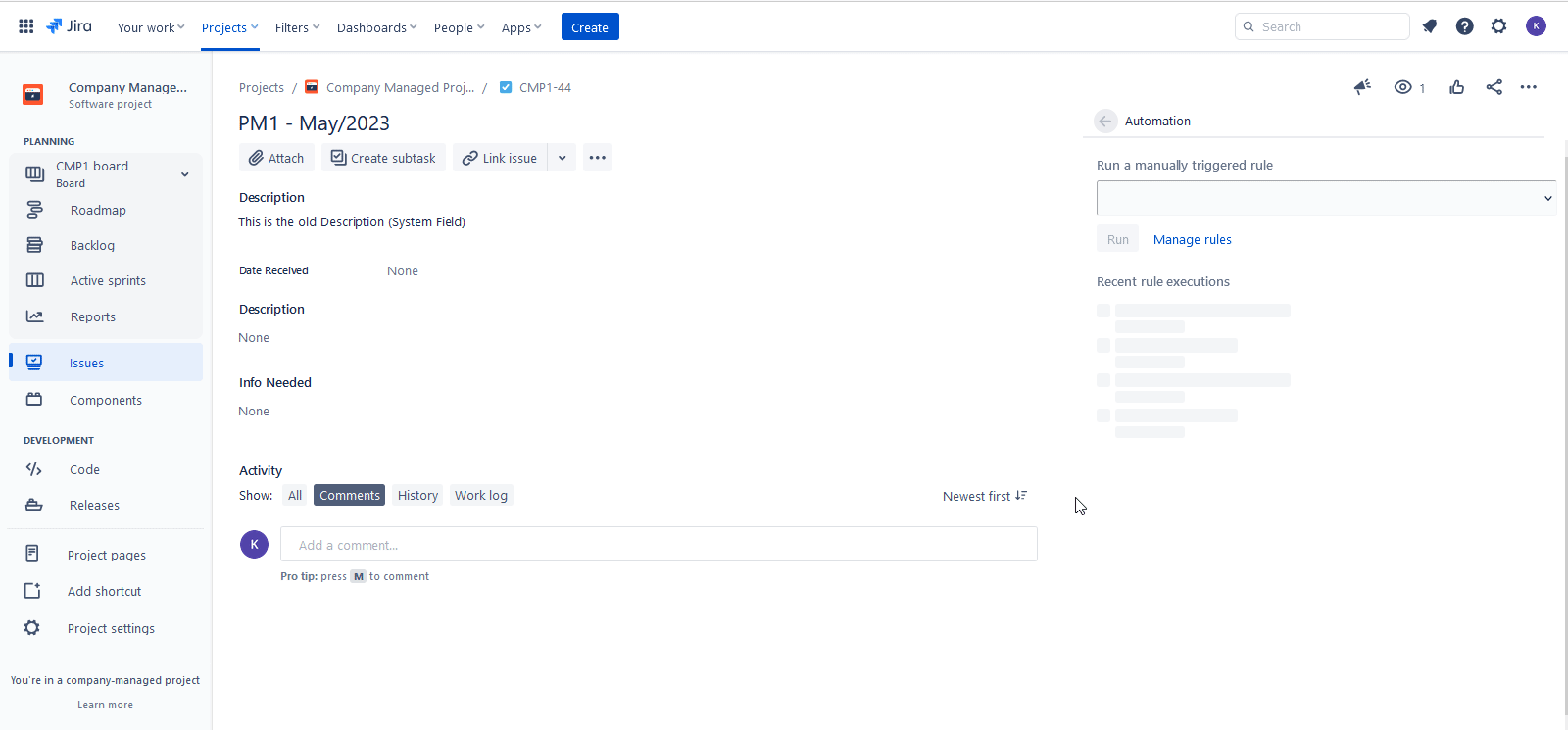 create an issue template in description