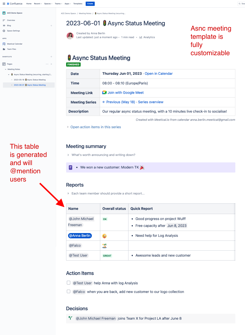 Async Meetings with Confluence? (meeting templates...
