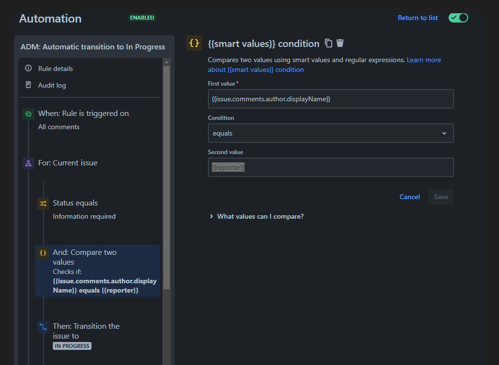 Automation rule comparing last comment author with...