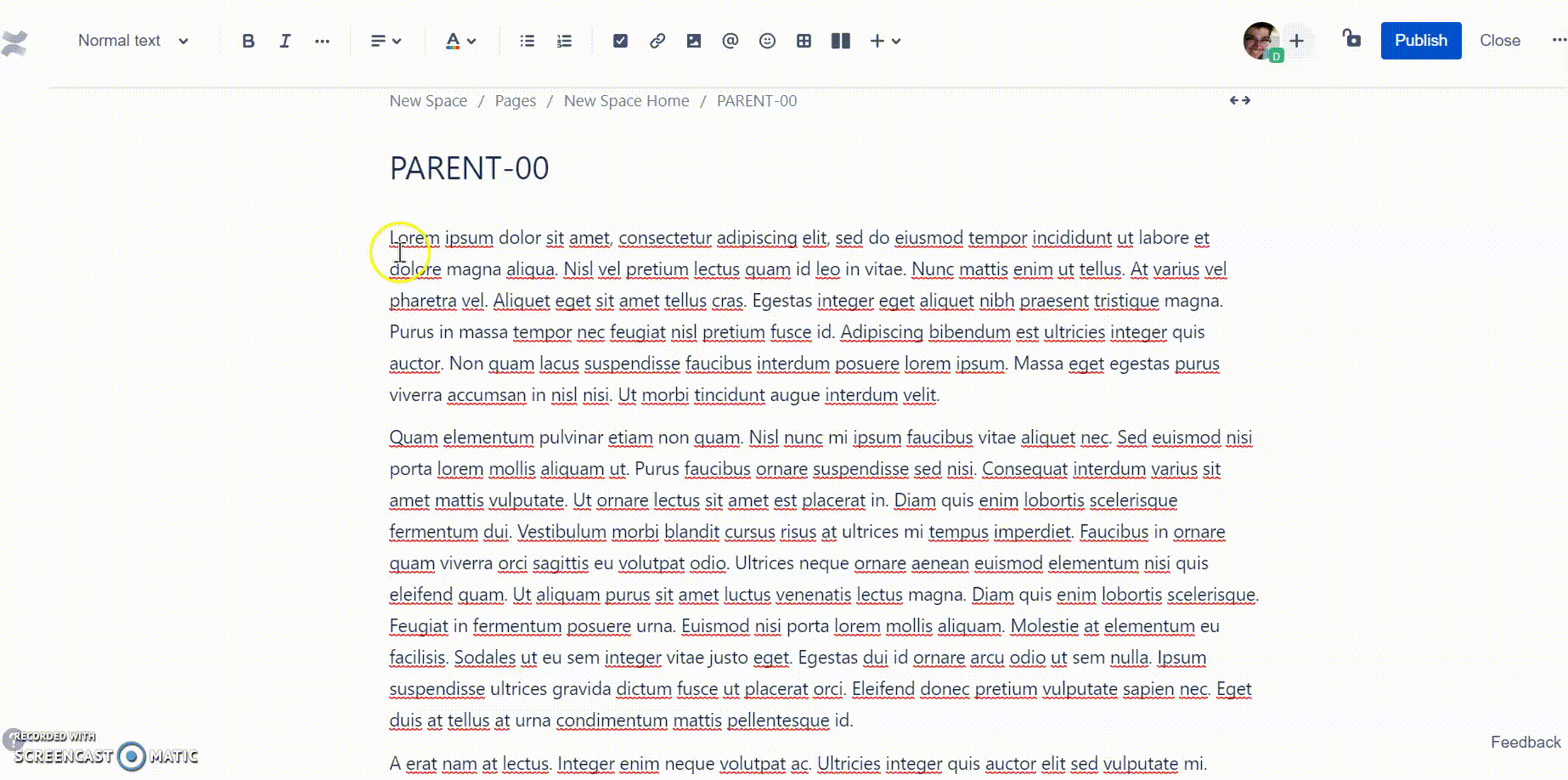 When creating a confluence page, how do you indent...