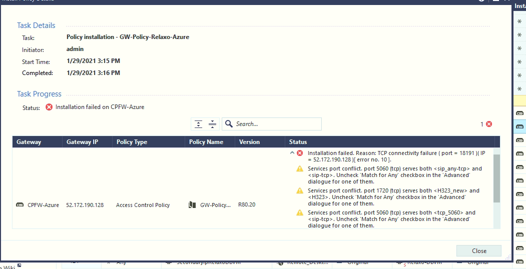 Policy installation failed TCP connectivity fail... Check Point