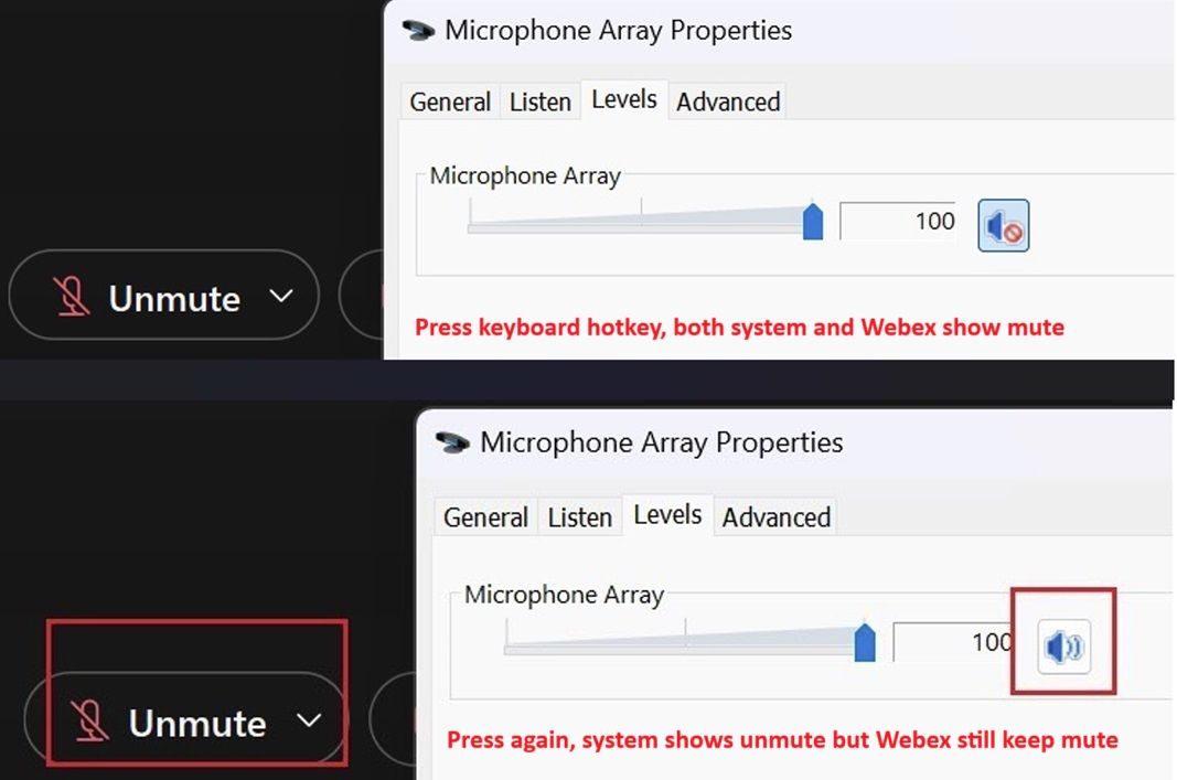 Why I can mute ex mic via keyboard hotkey but can't unmute? Cisco