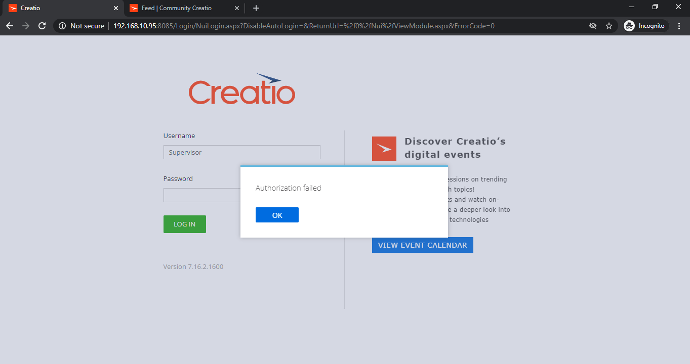 Authorization failed error Community Creatio