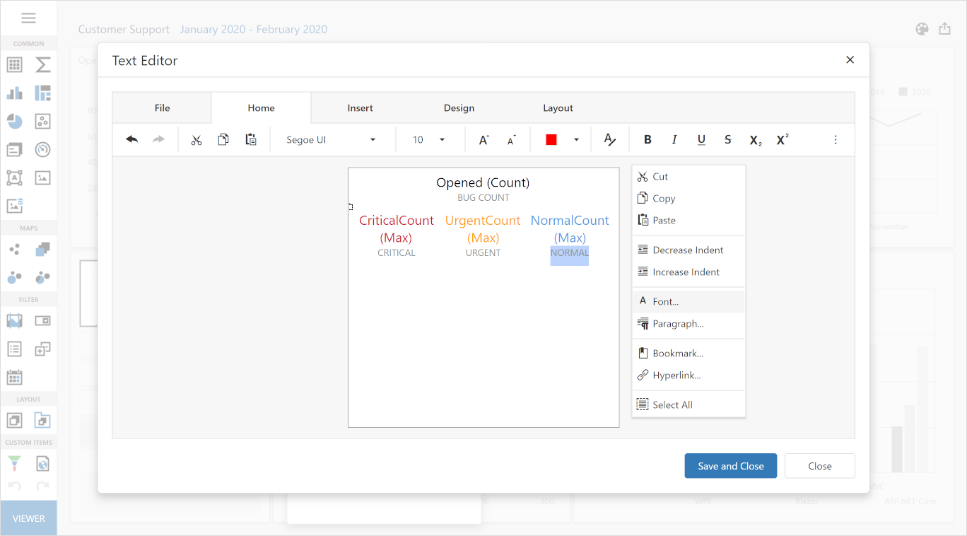 DevExpress Dashboard Rich Text Editor