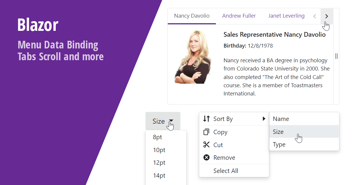 Blazor Navigation and Layout Menu Data Binding, Context Menu