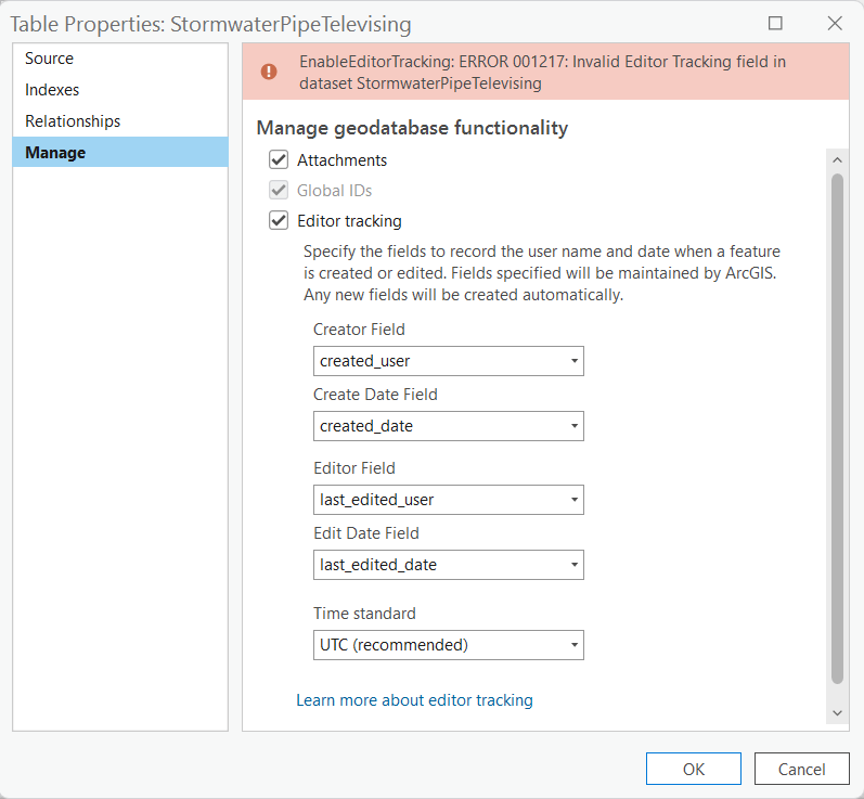 Enable Editor Tracking on table not working when f... Esri Community