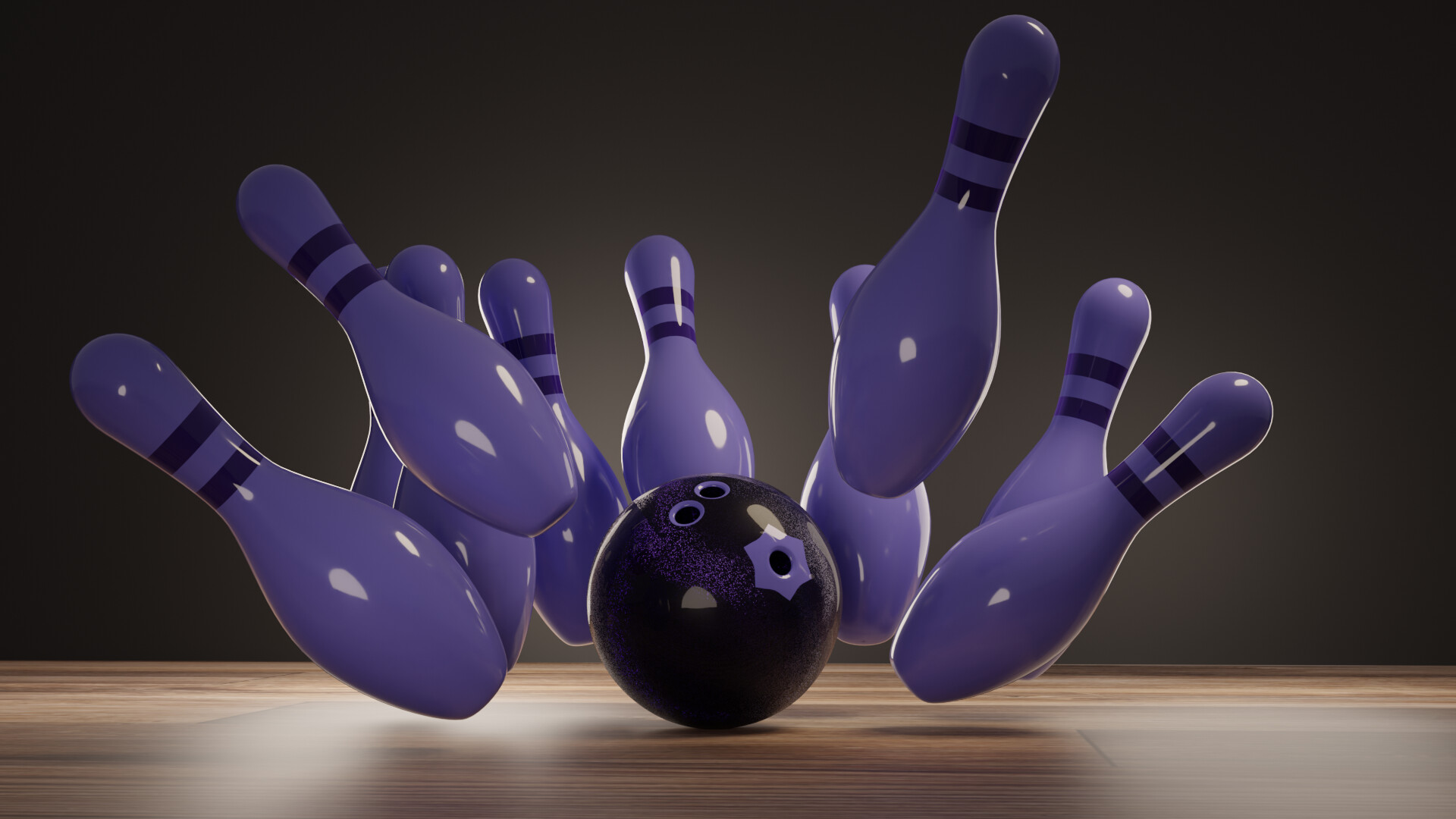 Purply bowling ball and pins render Show GameDev.tv