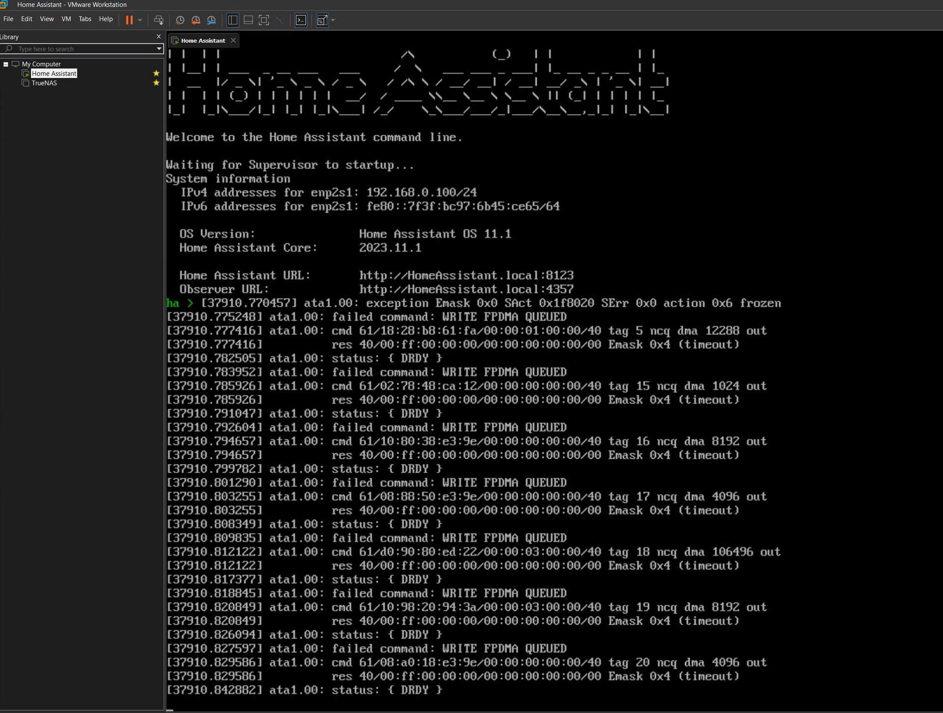 Home Assistants errors with VMware Workstation 17.5 Pro Hardware