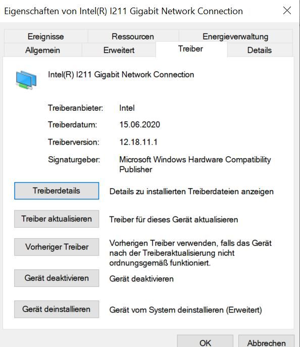 Intel(R) I211 Gigabit Network Connection Netzwerkverbindung wurde