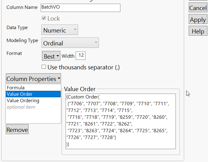Solved value ordering using JSL to set column properties JMP User