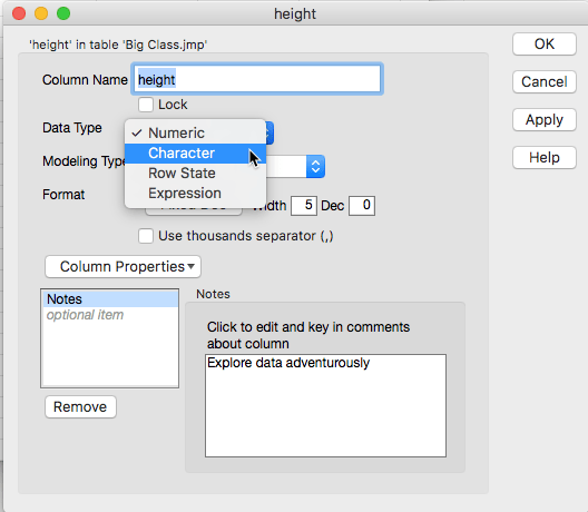 Solved How to change column data type from Numeric to Character? JMP