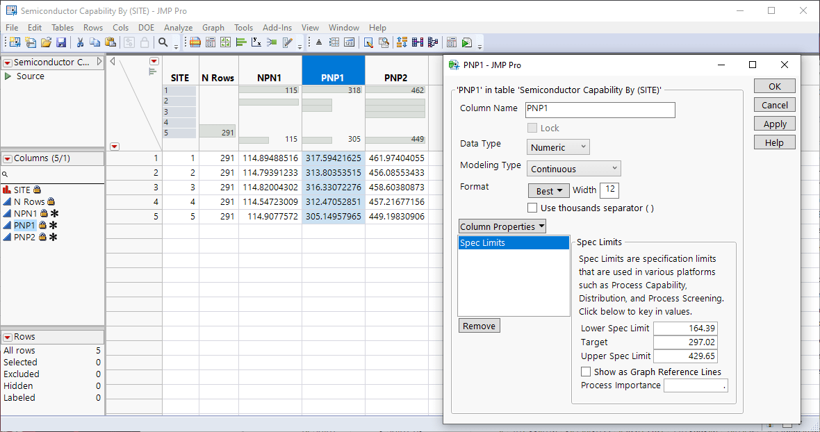 Question Table summary but lost column property of spec limits? JMP