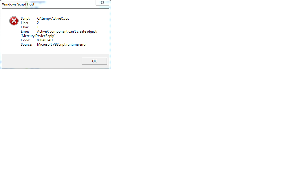 CreateObject("Mercury.DeviceReply") error ActiveX component can't
