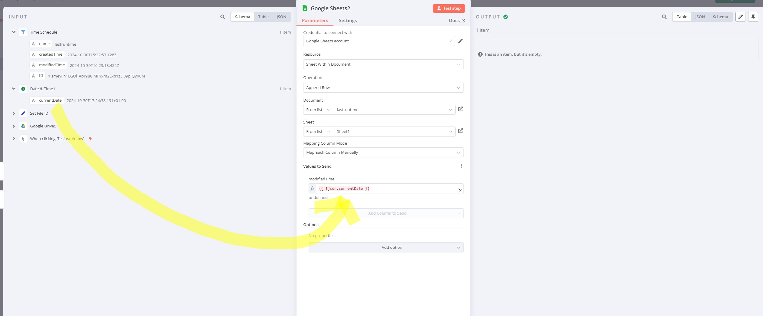 I can not add current date and time to a google doc Questions n8n