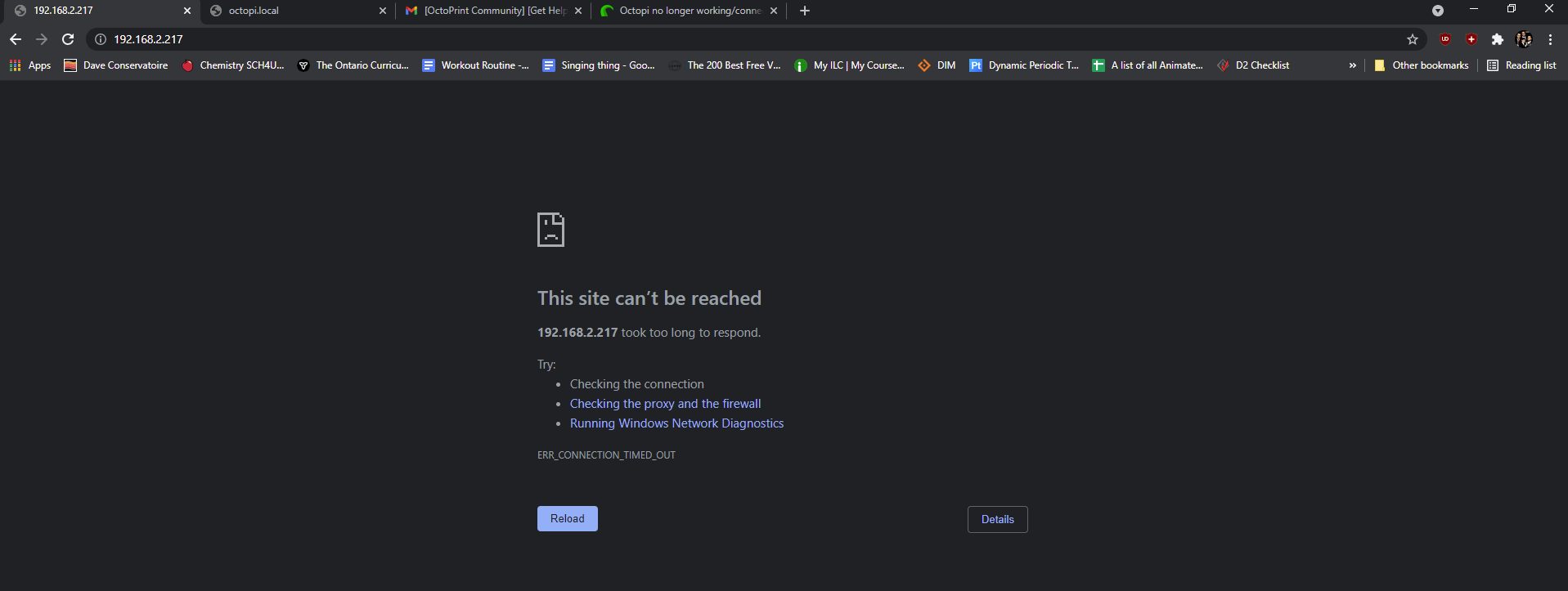 Octopi no longer working/connecting, the website isn't up? Networking