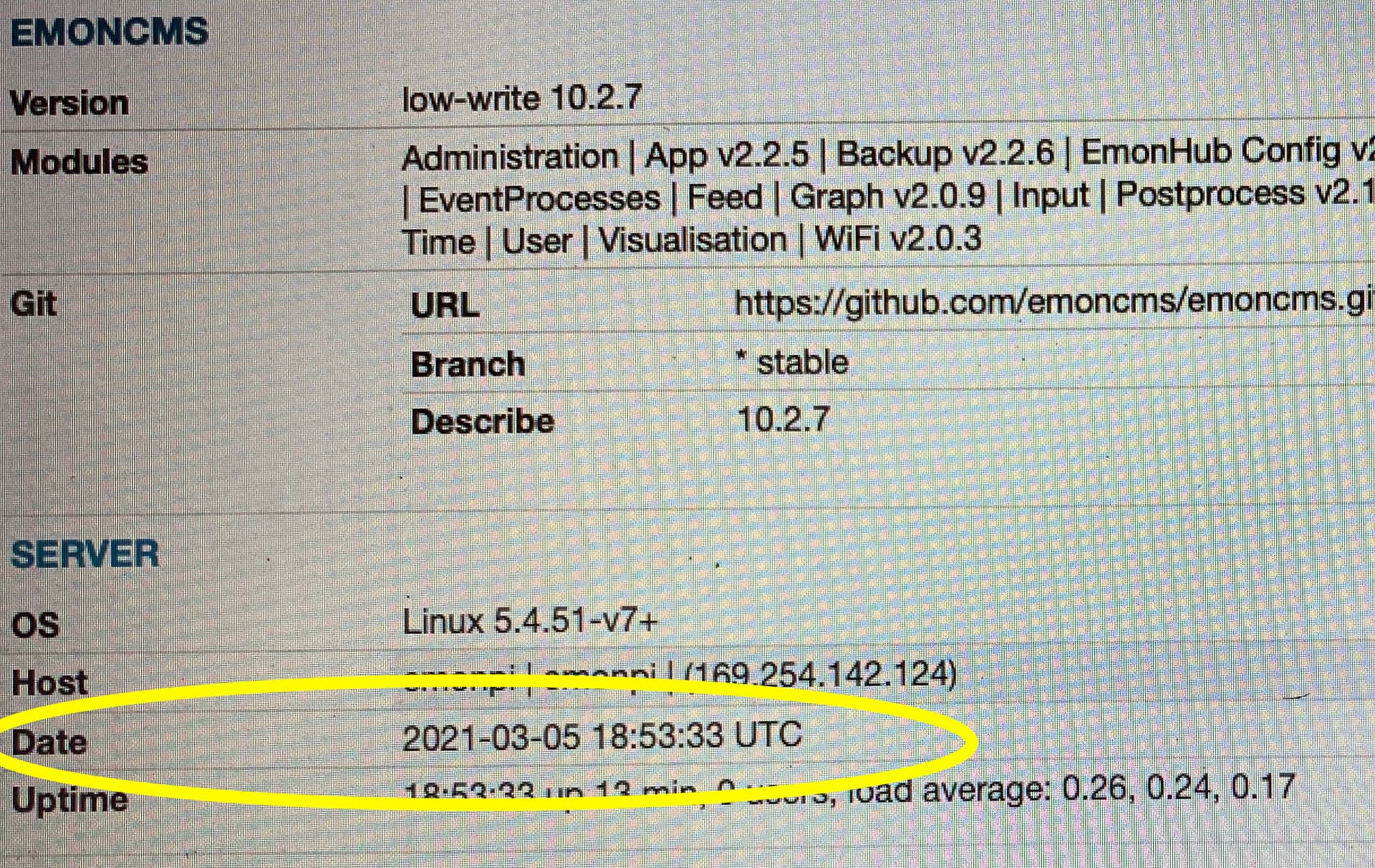 Server date keeps changing to a time many months in the past Emoncms