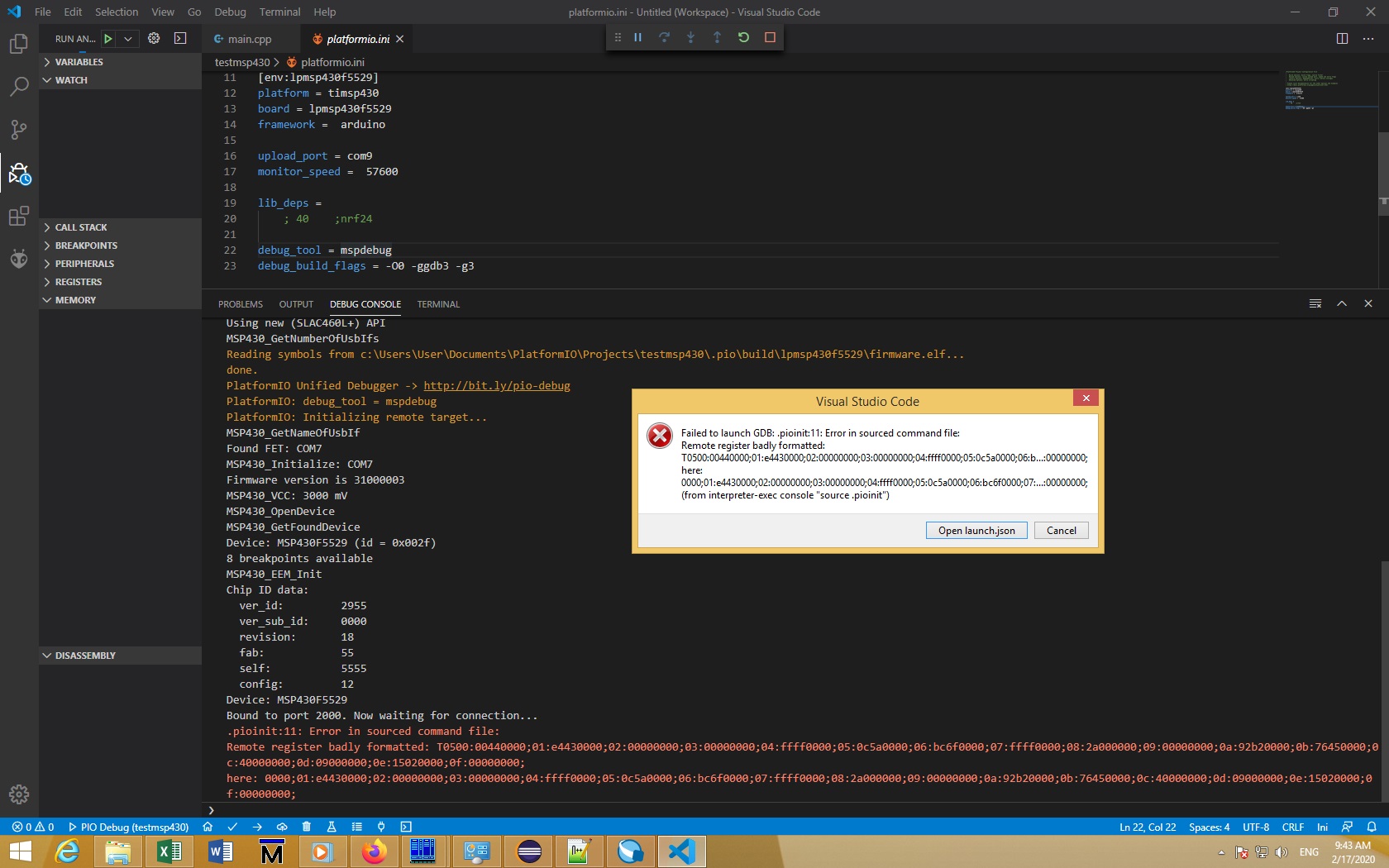 I can’t run debug on the MSP430F5529 Debugging PlatformIO Community