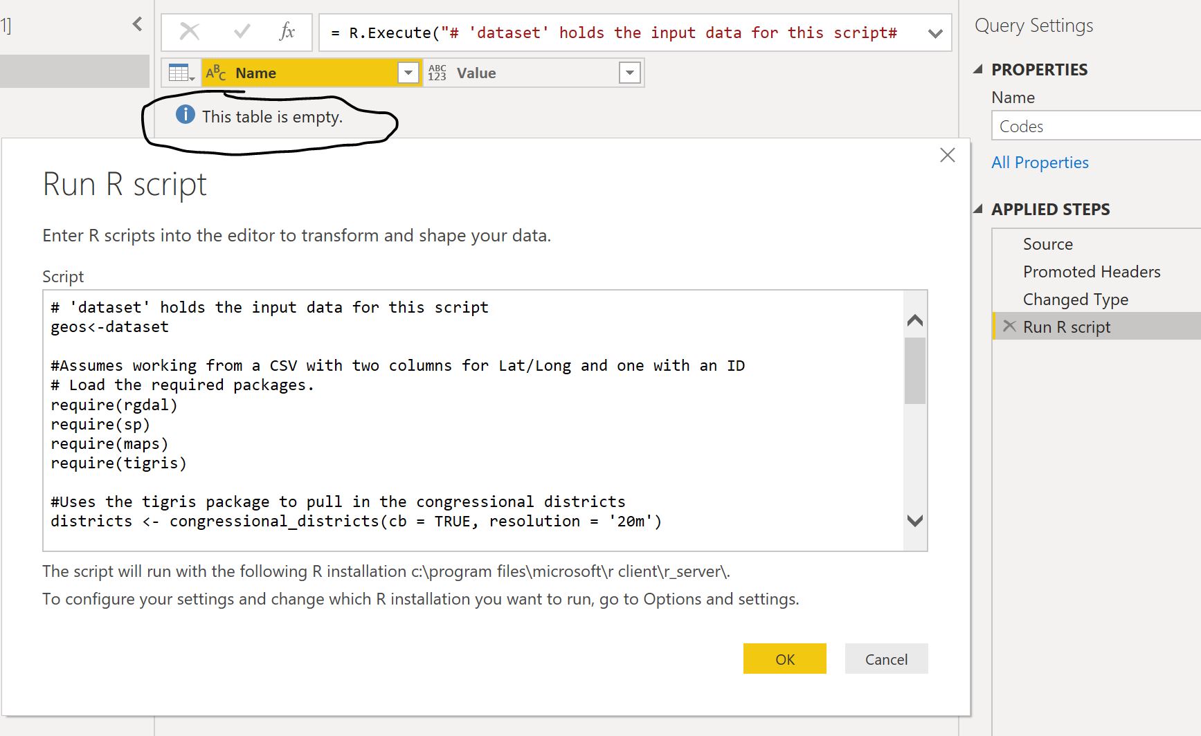 R Script in Power Query returning blank table Microsoft Power BI