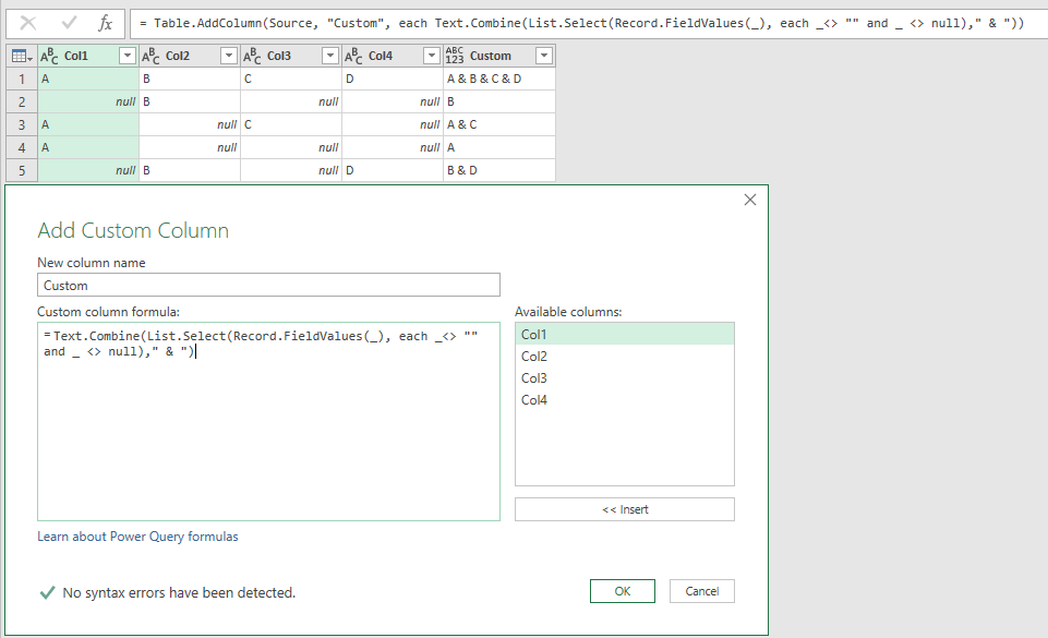 Solved Combine columns if not null or empty Microsoft Power BI Community