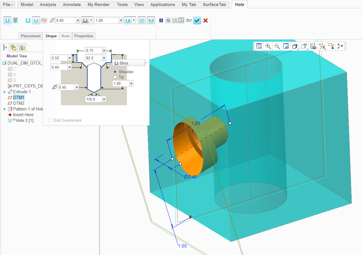 Solved Creating Angled Hole with Counterbore PTC Community