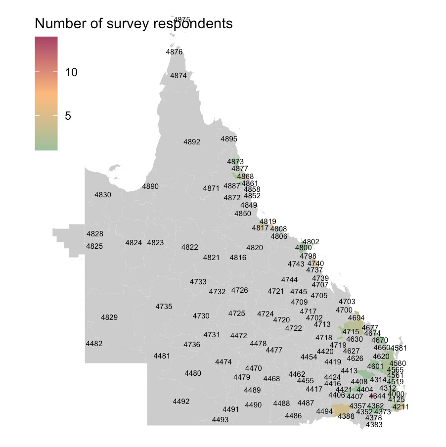 Adding postcode label to a map only where there are survey respondents
