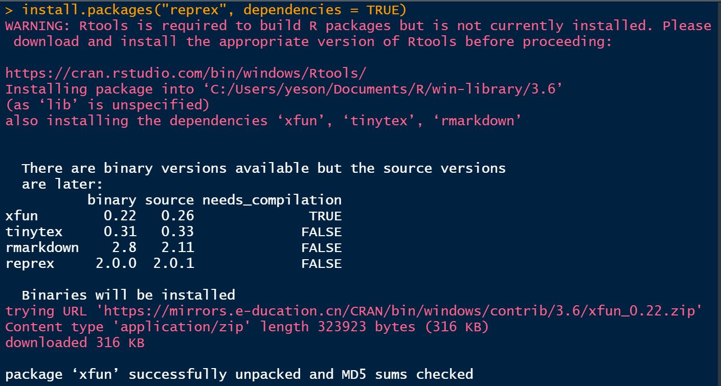 library(tidyverse)Error there is no package called ‘reprex’ General