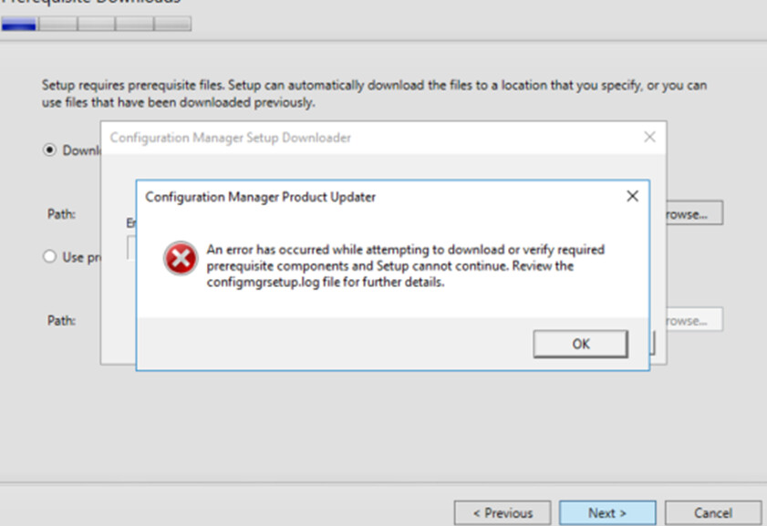 I am receiving an error when trying to download the preq files for sccm