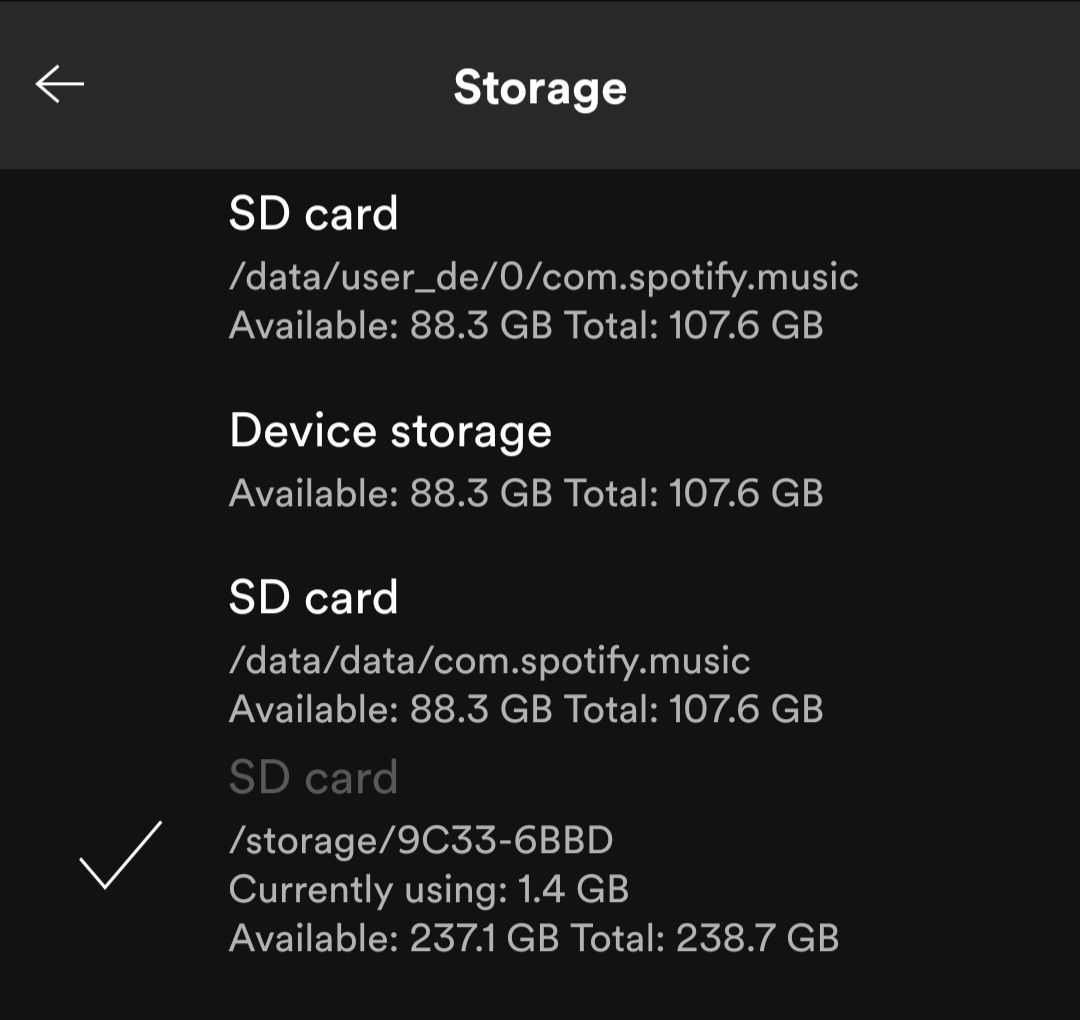 Multiple SD card storage options are shown in app The Spotify