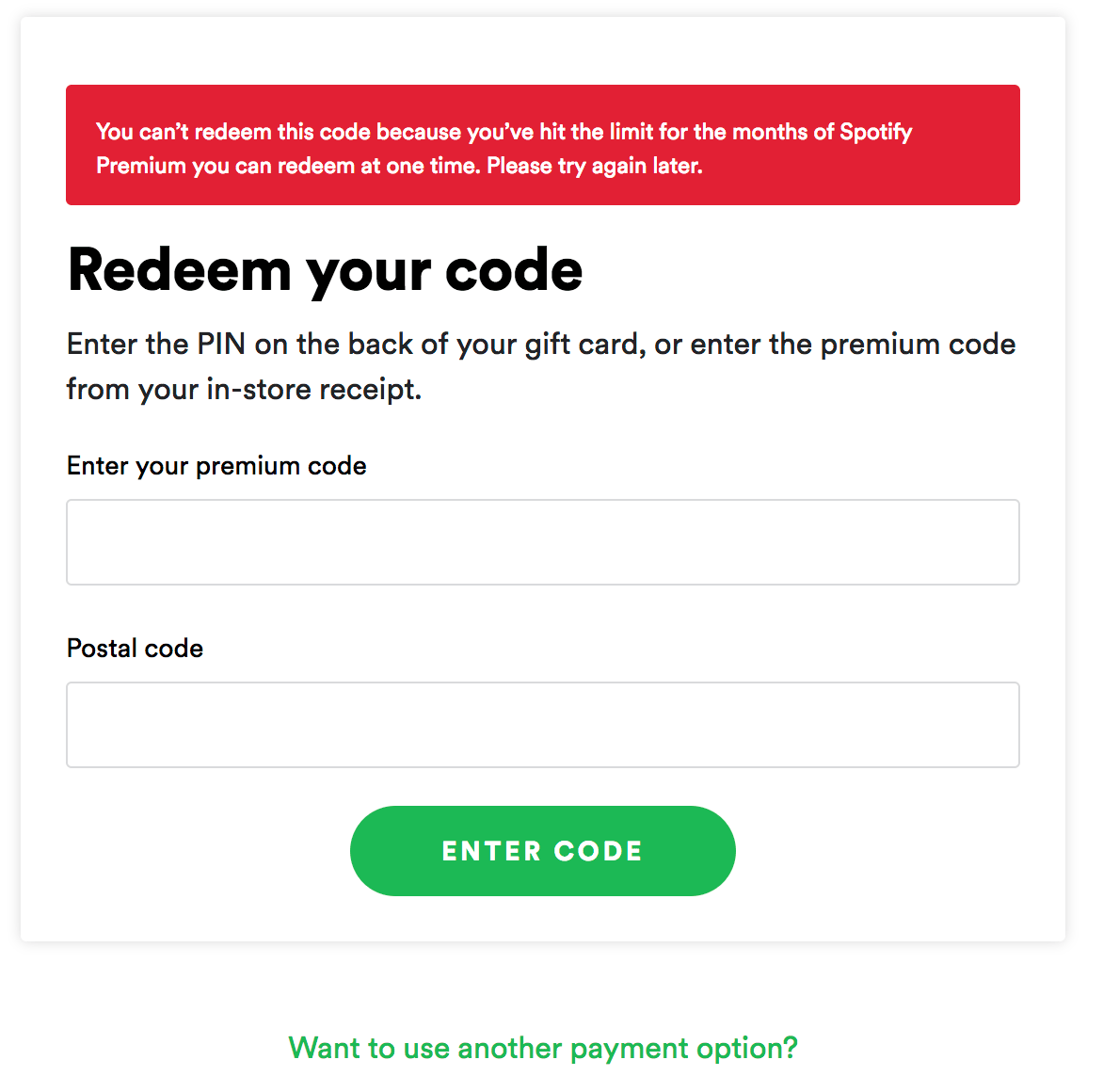 Redeemed one gift card, now I cannot redeem anothe... The Spotify Community