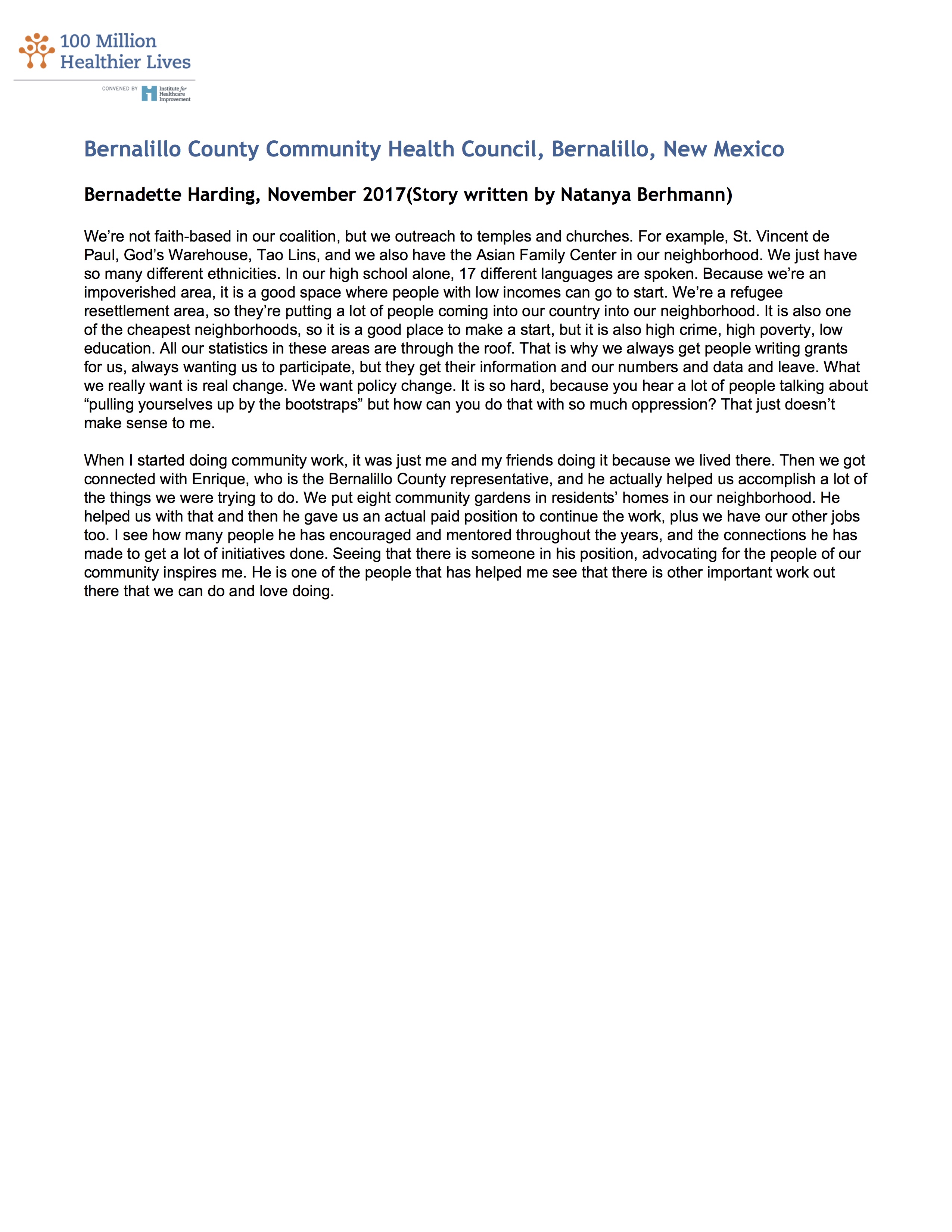 Stories from 100 Million Healthier Lives Community Commons