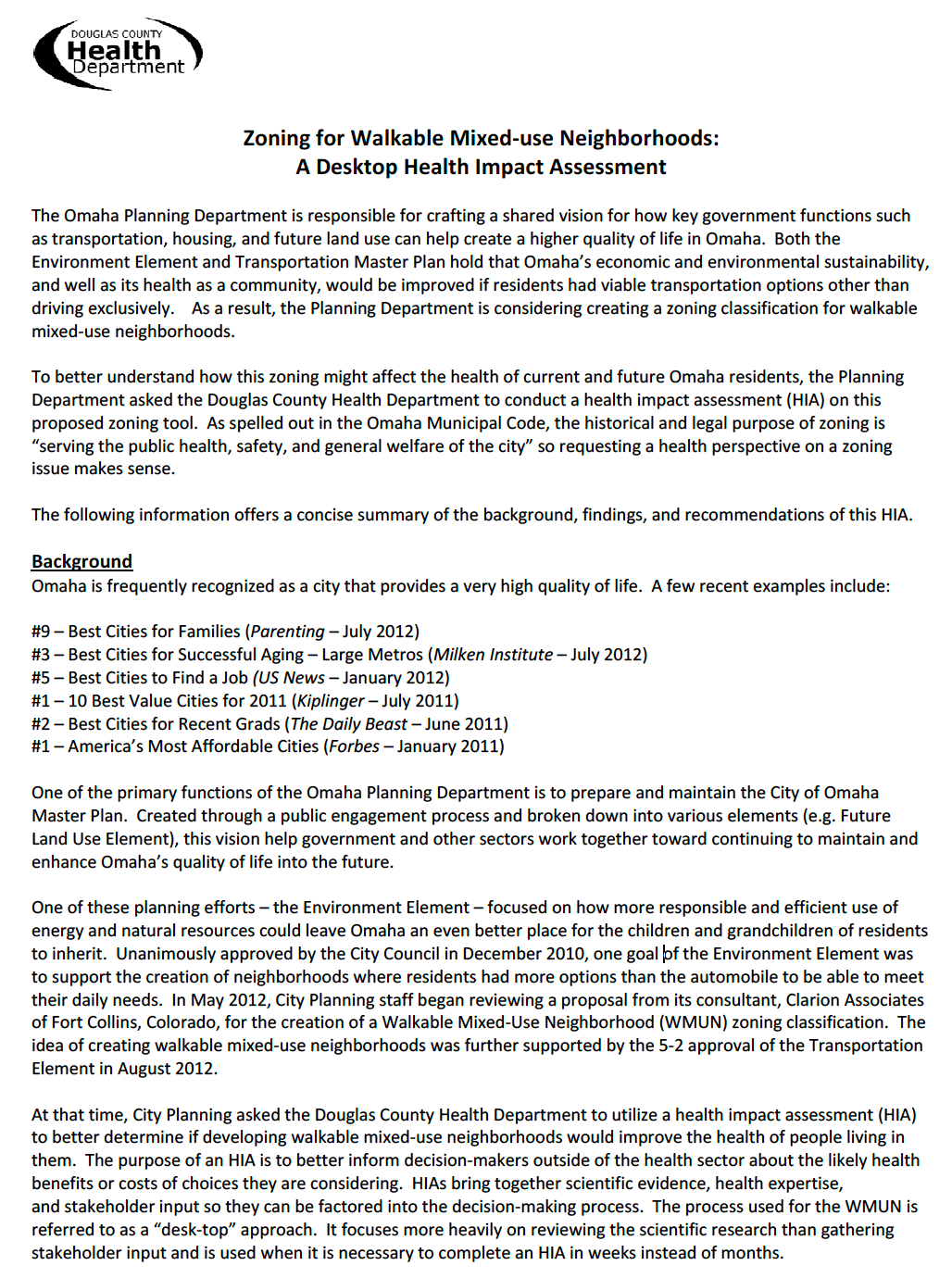 Zoning for Walkable Mixed‐use Neighborhoods A Desktop Health Impact