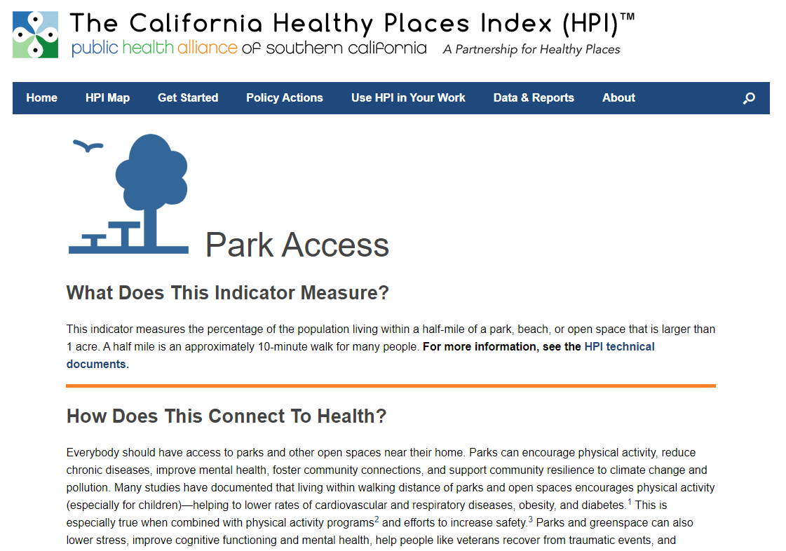 Healthy Places Index Policy Guide Park Access Community Commons