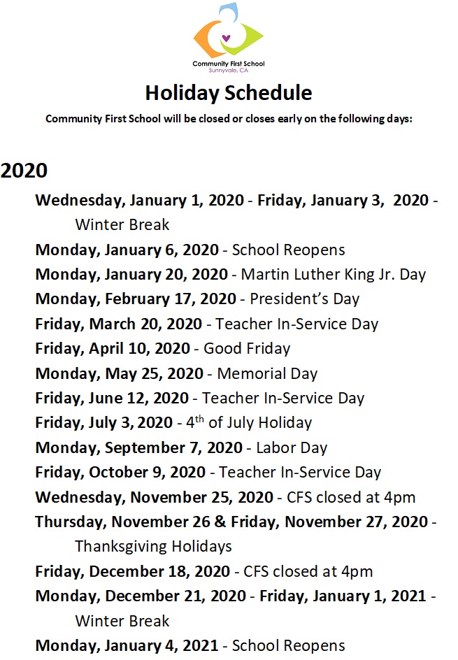 Holiday Schedule 2020