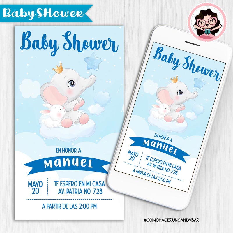Invitación Digital Baby Shower Elefante niño Como hacer un Candy bar