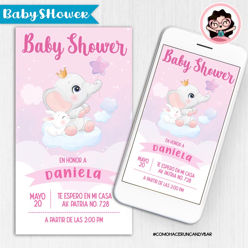 Invitación Digital Baby Shower Elefante niña Como hacer un Candy bar