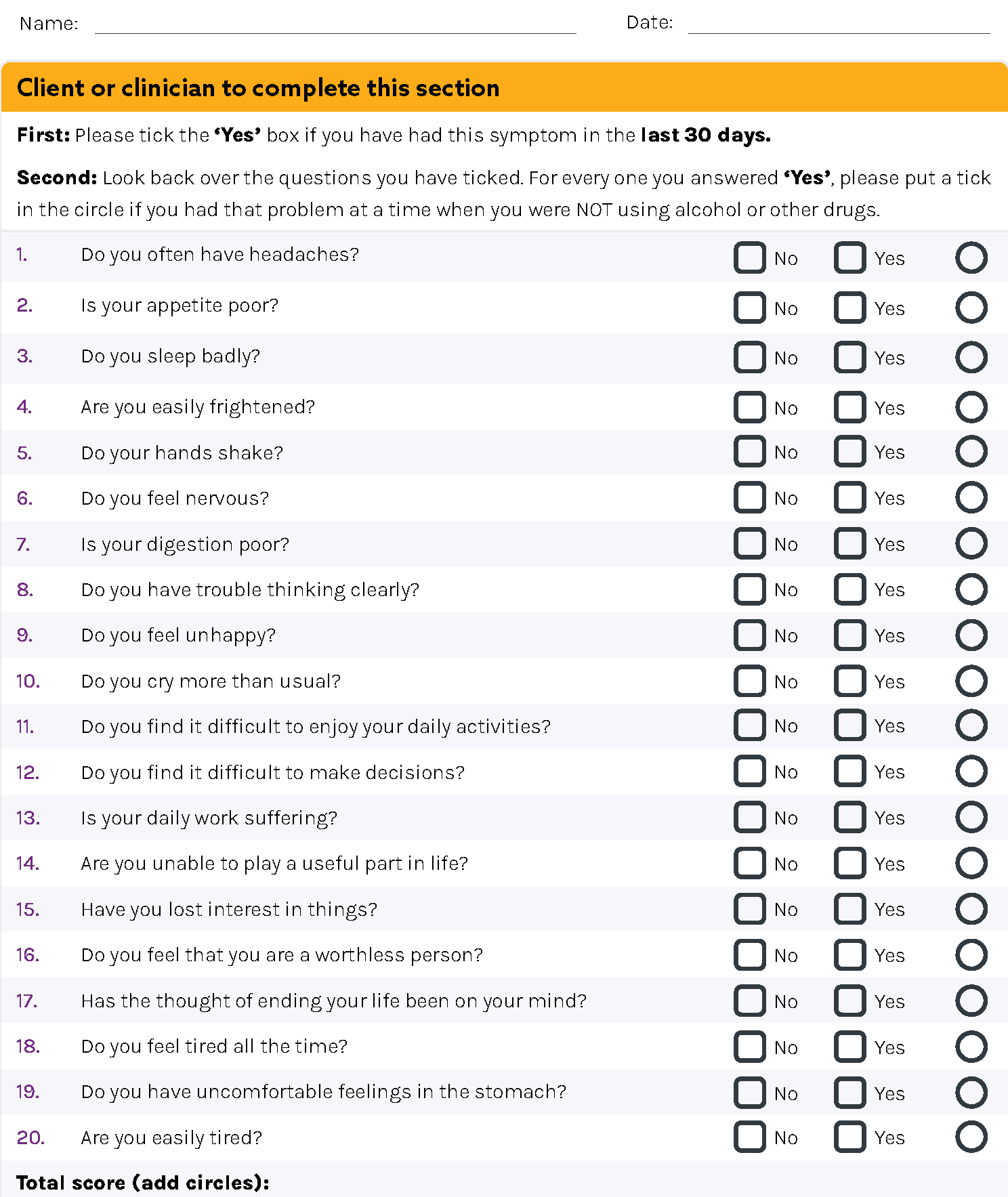 This section provides a form for a self reporting questionnaire