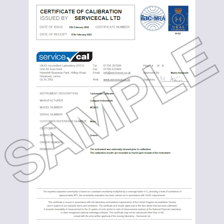 UKAS Certificate of Calibration Compact Instruments Ltd